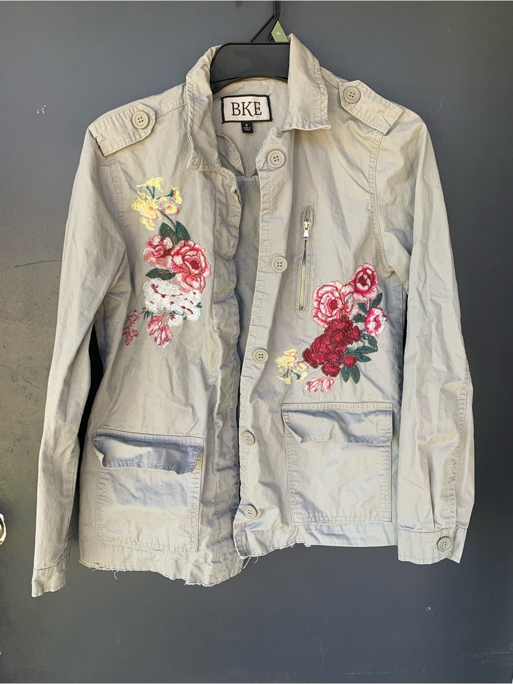 BKE Light Gray Utility Jacket with Floral Embroidery